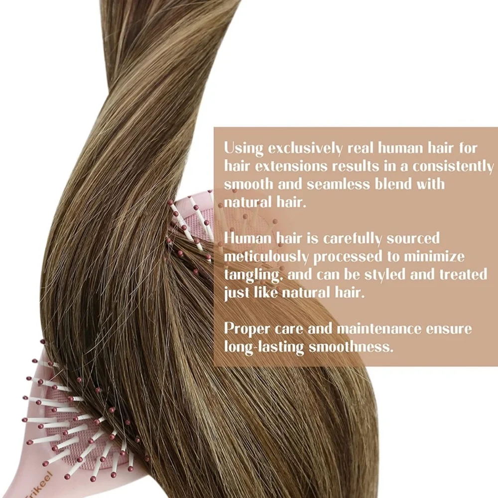 Real human Hair Extensions Chocolate Brown Mix Caramel Blonde Sewed in 18inch - Picture 4 of 5